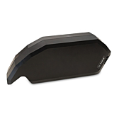 zijaanzicht van een zwarte Bosch accu, waar de power indicator te zien is. 