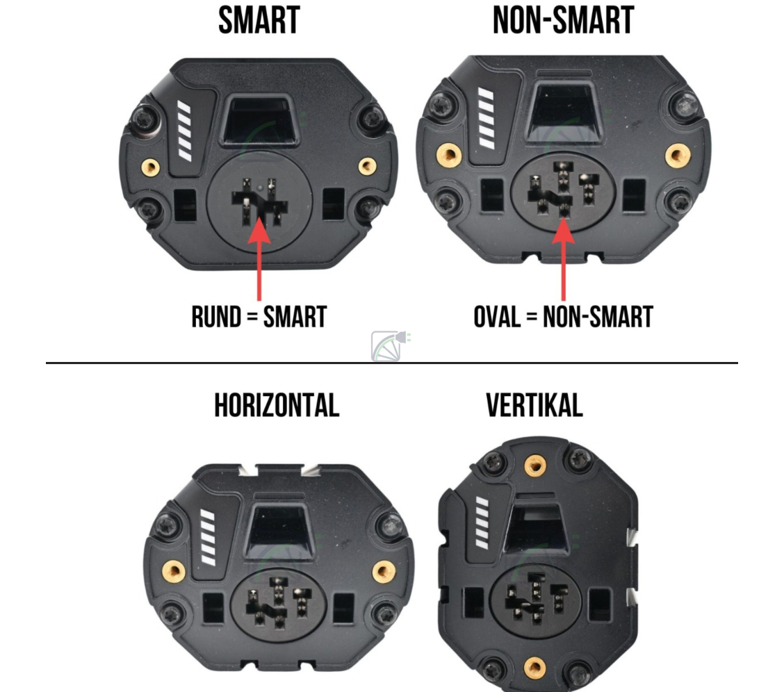 In dieser Abbildung sehen Sie, wie Sie den Unterschied zwischen einem SMART Bosch PowerTube und einem nicht-SMART Bosch Powertube erkennen können, und Sie sehen, wie Sie den Unterschied zwischen einem vertikalen Bosch PowerTube und einem horizontalen Bosc