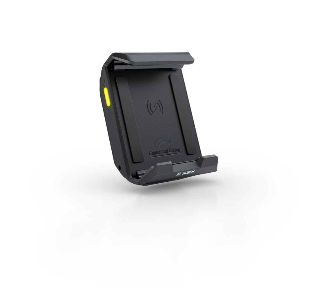 Seitenansicht des Bosch SmartphoneGrip mit dem LED-Streifen, der anzeigt, ob das Telefon geladen ist.