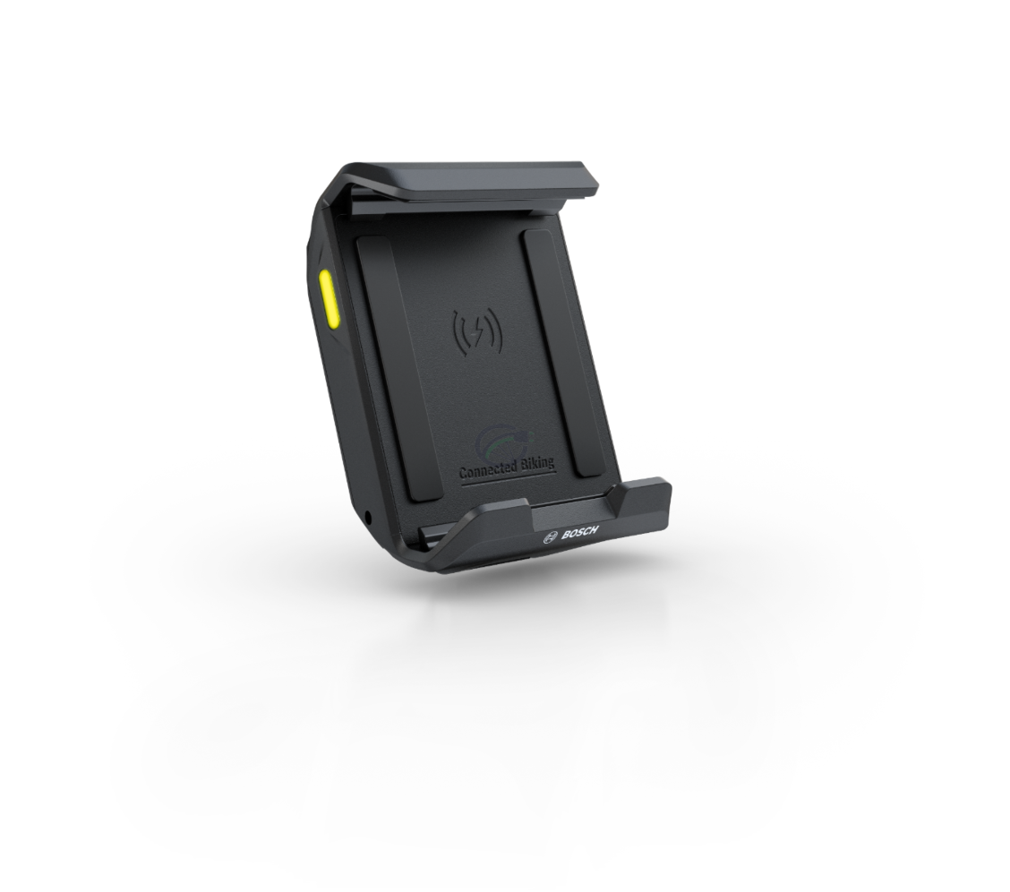 Seitenansicht des Bosch SmartphoneGrip mit dem LED-Streifen, der anzeigt, ob das Telefon geladen ist.