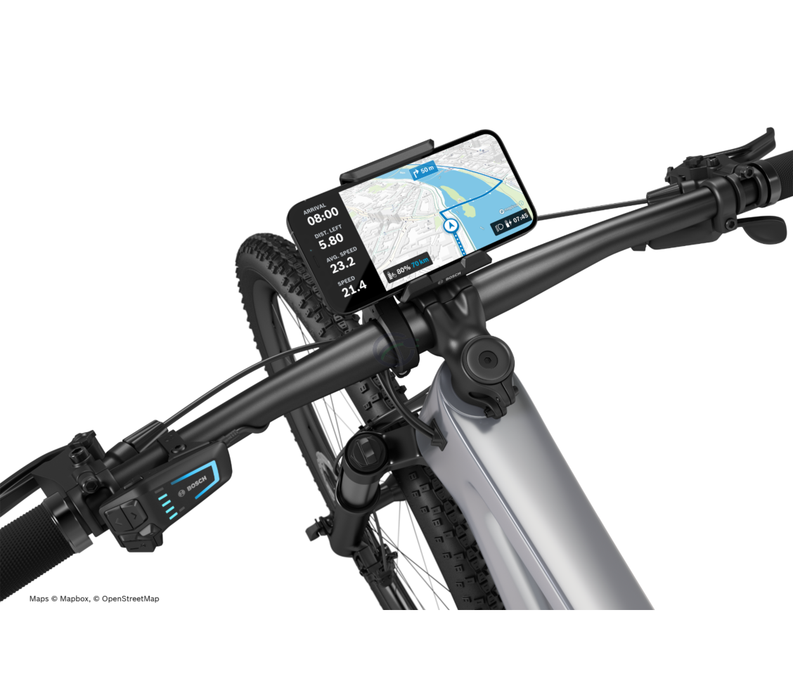 Der Bosch Smartphone Grip montiert an einem Elektrofahrrad. Dies zeigt die Navigationsfunktion.