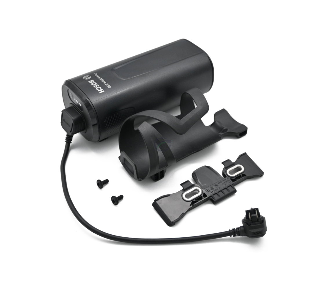 Bosch PowerMore 250 Range Extender mit Befestigungssystem und eingestecktem 300-mm-Kabel
