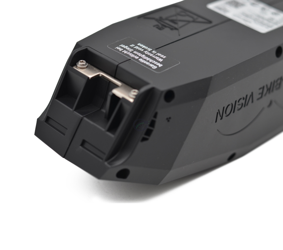 Nahaufnahme der Rückseite des Bosch Powerpack 360 Performance/Active Rahmen E-Bike Vision Fahrradakkus.
