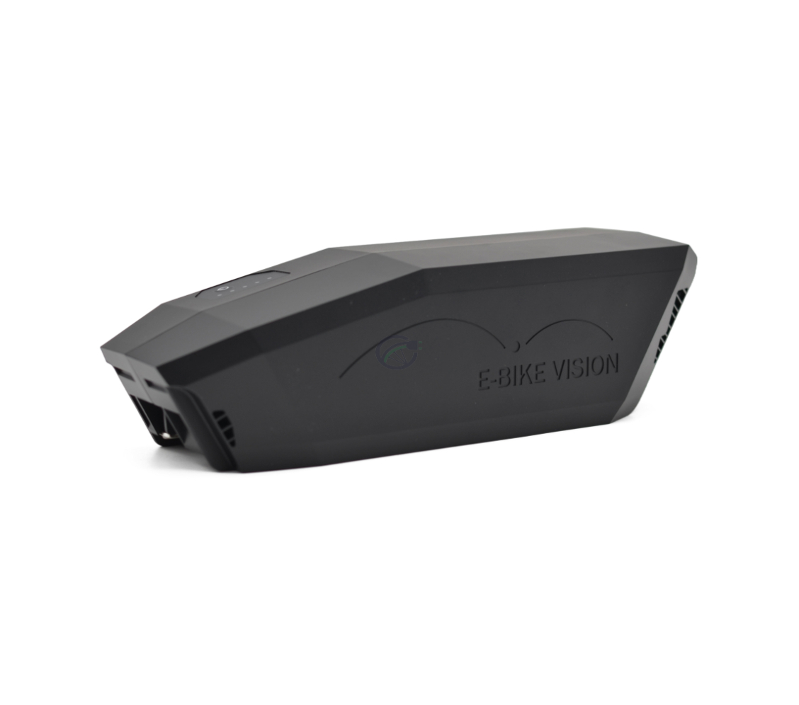 Dreiviertelansicht des Bosch Powerpack 360 Performance/Active Rahmen E-Bike Vision Fahrradakkus. Der Akku ist deutlich zu sehen.