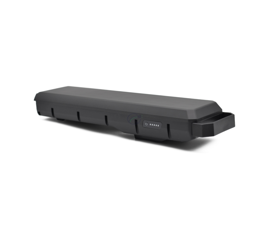 Deutliches Foto des Bosch Powerpack 540 Performance/Active Gepäckträger E-Bike Vision Fahrradakkus. Das Foto ist eine Dreiviertelansicht, die Batterieanzeige und der Griff sind gut zu sehen.