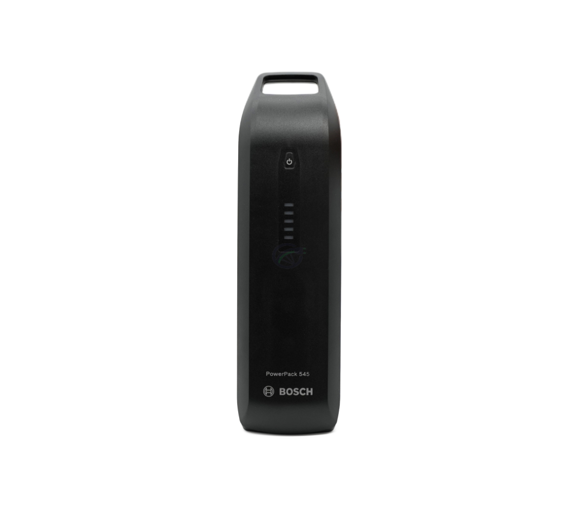 Vorderansicht des Bosch Powerpack 545 SMART Frame Fahrradakkus stehend.