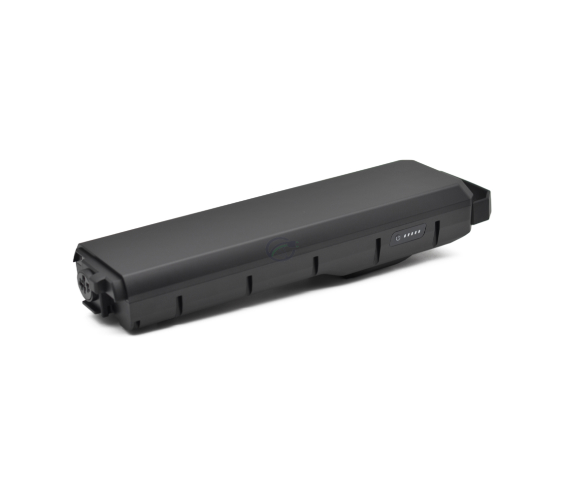 Schräge Seitenansicht des Bosch Powerpack 700 Performance/Active Gepäckträger E-Bike Vision. Die Seite des Akkus mit dem Batterieindikator ist gut zu sehen.