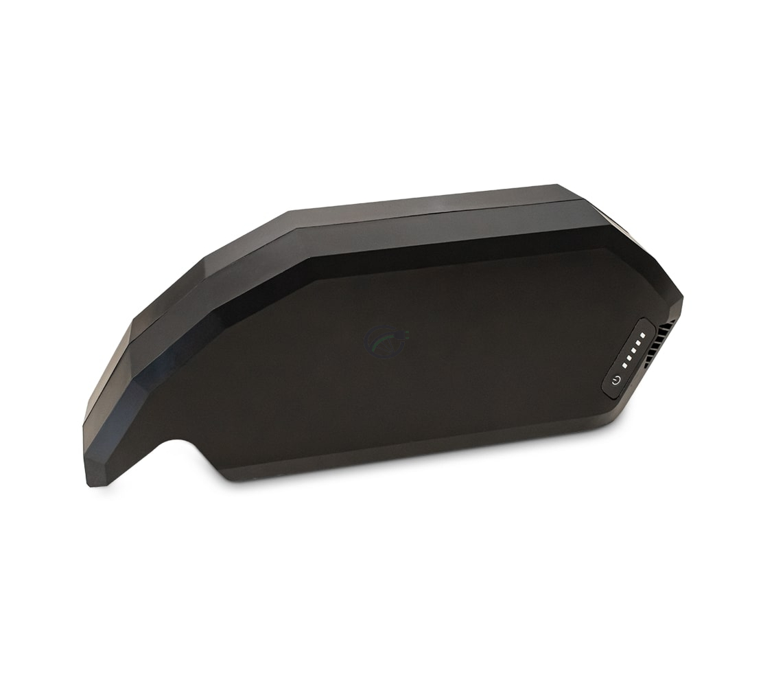 zijaanzicht van een zwarte Bosch accu, waar de power indicator te zien is. 