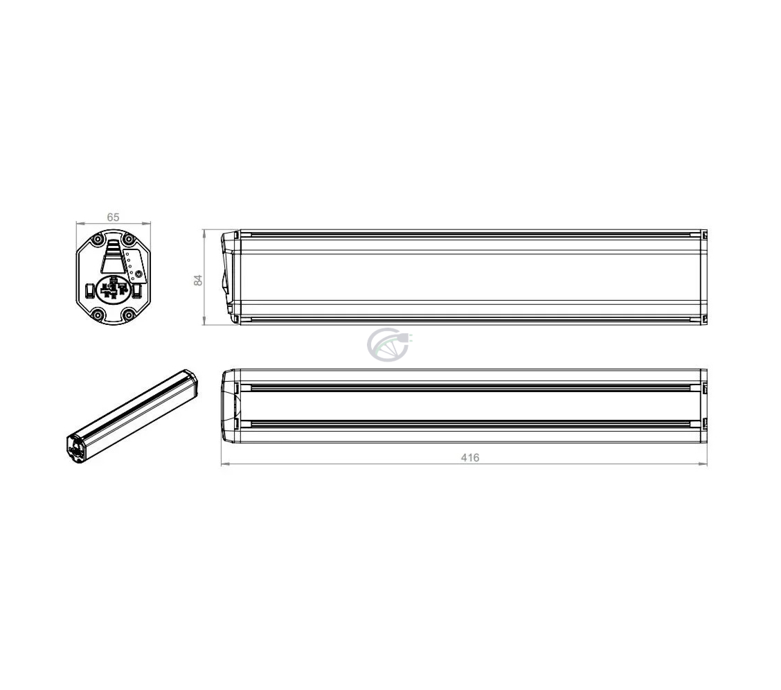 Bosch PowerTube 625Wh Vertikal Bild mit Abmessungen einer Fahrradbatterie