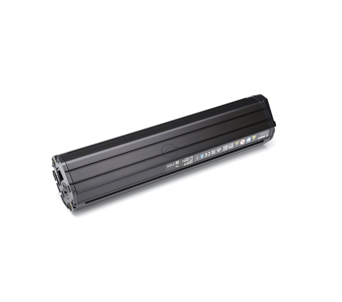 Bosch PowerTube 500 Horizontaal 36V 13.4Ah Fahrradbatterie Seitenansicht mit Anschluss und Stromanzeige