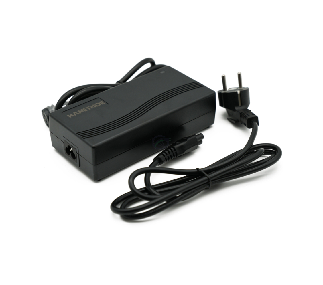 Dreiviertelansicht des Gazelle Impulse 42V 3A Kompatiblen Ladegeräts mit Rosenberger Anschluss. Der zugehörige Adapter ist gut sichtbar.