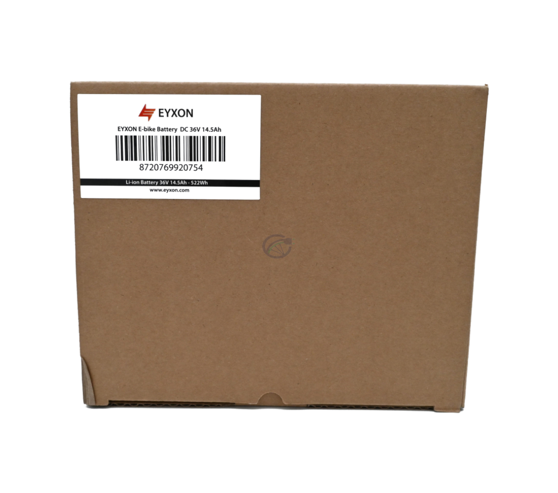 Frontansicht der Verpackung des Impulse 36V 14.5Ah kompatiblen Akkus, hergestellt von EYXON. Das Etikett auf der Verpackung ist deutlich sichtbar.