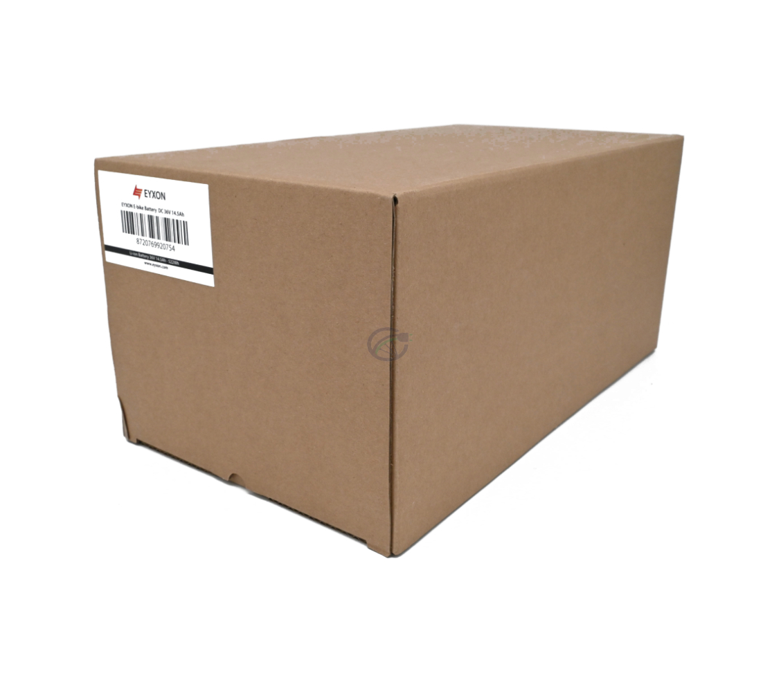 Schrägansicht der vollständigen Verpackung des Impulse 36V 14.5Ah kompatiblen Akkus, hergestellt von EYXON.