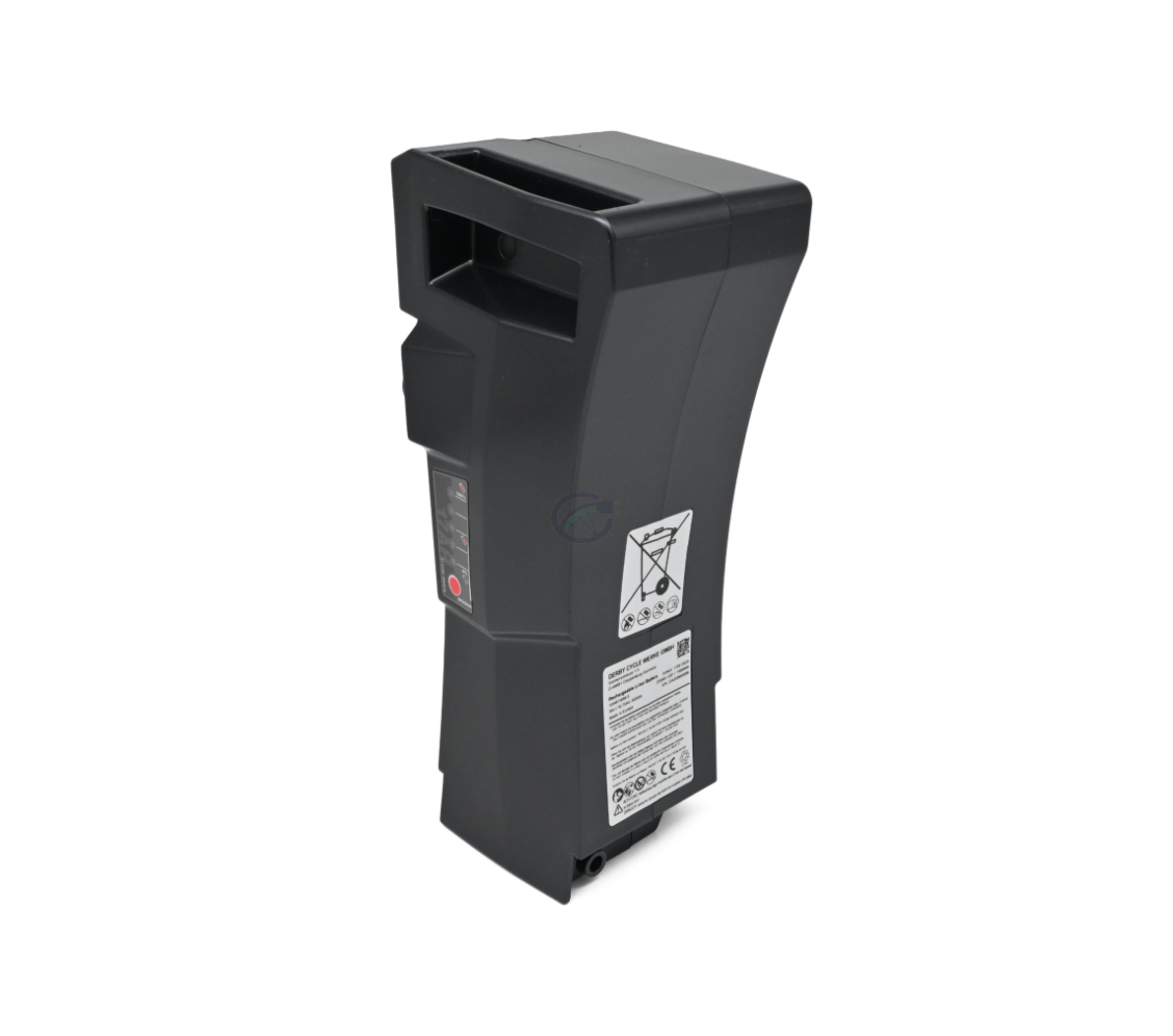 Foto des Kalkhoff akku Impulse 36V 17Ah, stehend gezeigt. Die Seite und die Oberseite des akkus sind sichtbar.

