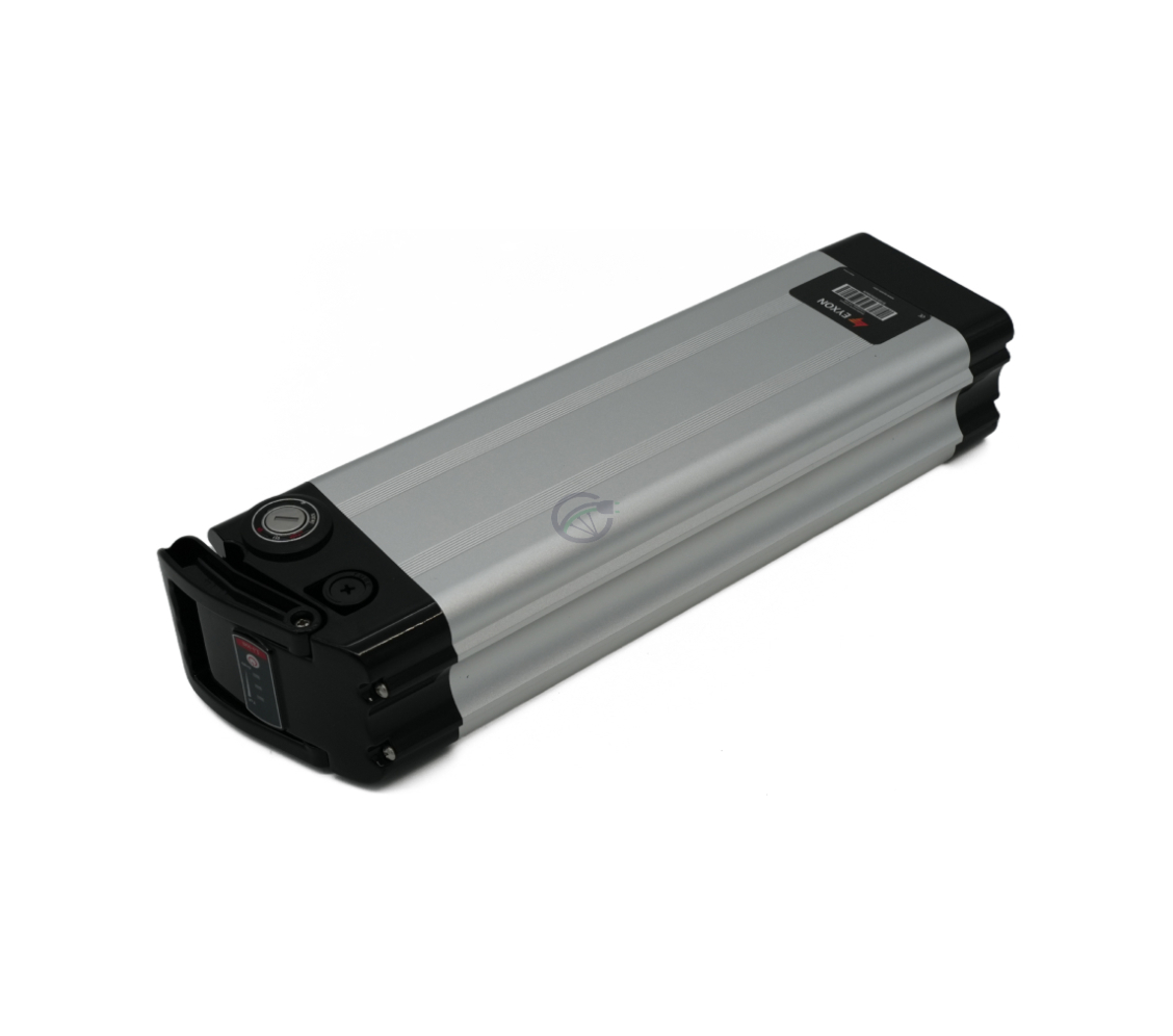 Dreiviertelansicht der Phylion XH370-12J Silverfish 37V 12Ah Compatible, wobei die LED-Anzeige sichtbar ist.