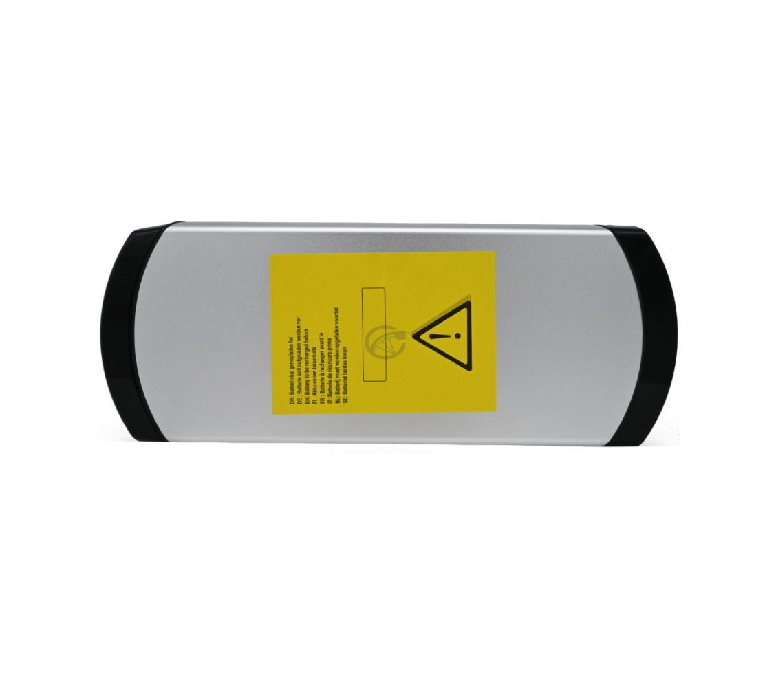 Draufsicht der Phylion XH370-13J Wall-E 37V 14Ah (2-polig). Das Warnetikett an der Oberseite der Phylion-Batterie ist gut sichtbar.