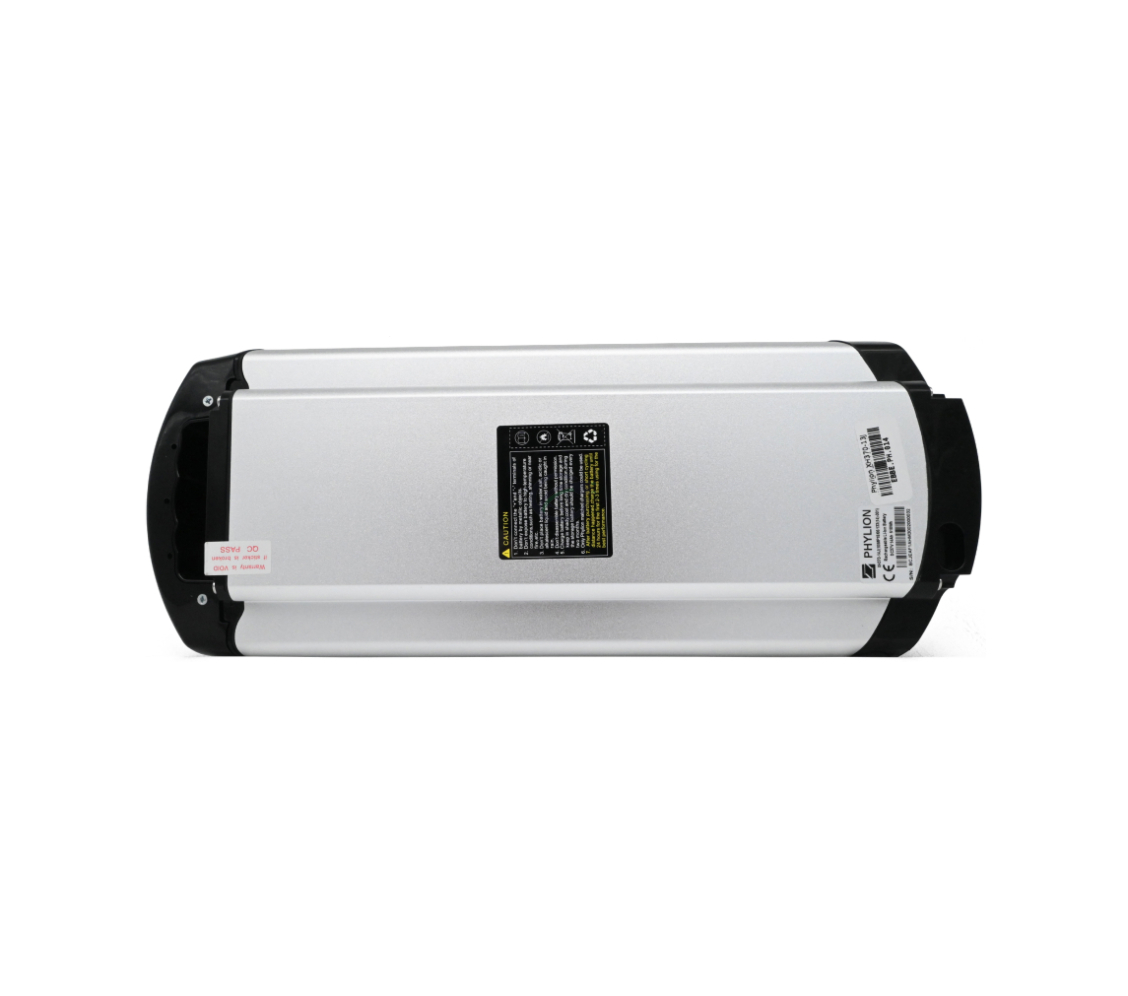 Unteransicht der Phylion XH370-13J Wall-E 37V 14Ah (2-polig). Die Aufkleber an der Unterseite dieser Phylion-Batterie sind gut sichtbar.