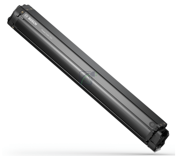 Bosch PowerTube 750 Smart System Horizontal Nahaufnahme Seitenansicht Fahrradbatterie mit Einschaltknopf
