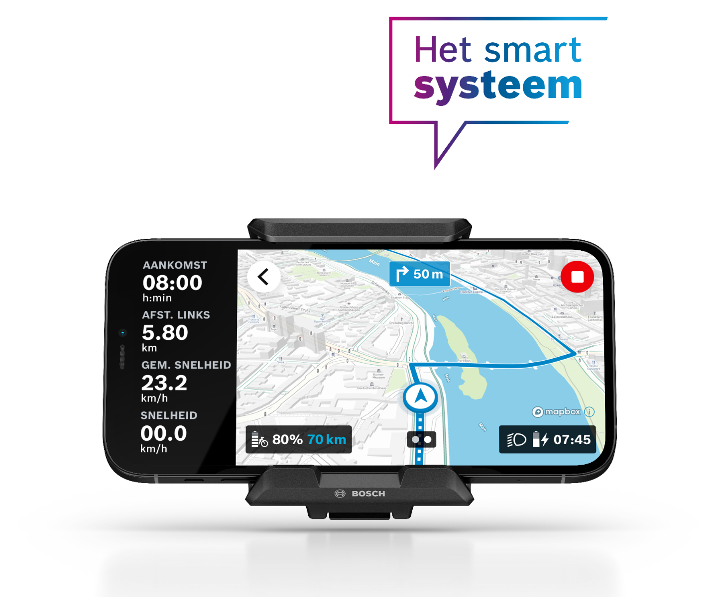 Vorderansicht des Bosch SmartphoneGrip mit Telefon. Dies zeigt die Navigationsfunktion.