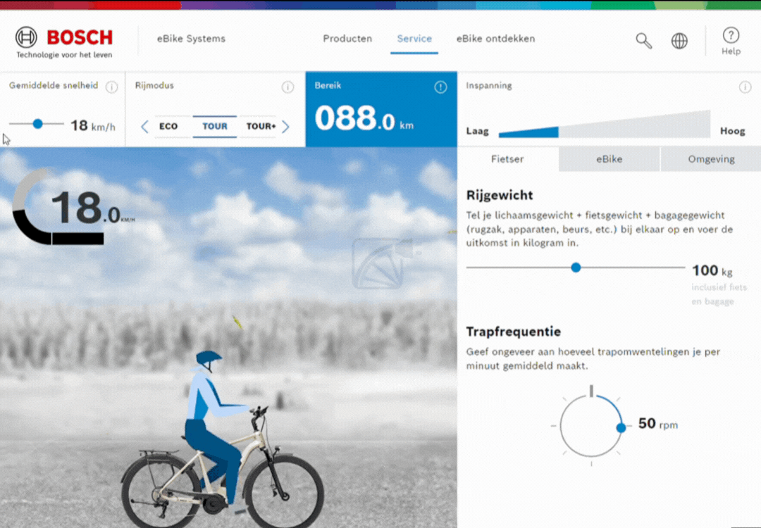 GIF des Bosch-Reichweitenrechners. Es zeigt die Einstellungen, mit denen Sie eine bestimmte Strecke mit einem Elektrofahrrad zurücklegen können. Dabei wird von einem Bosch-Fahrradakku ausgegangen.