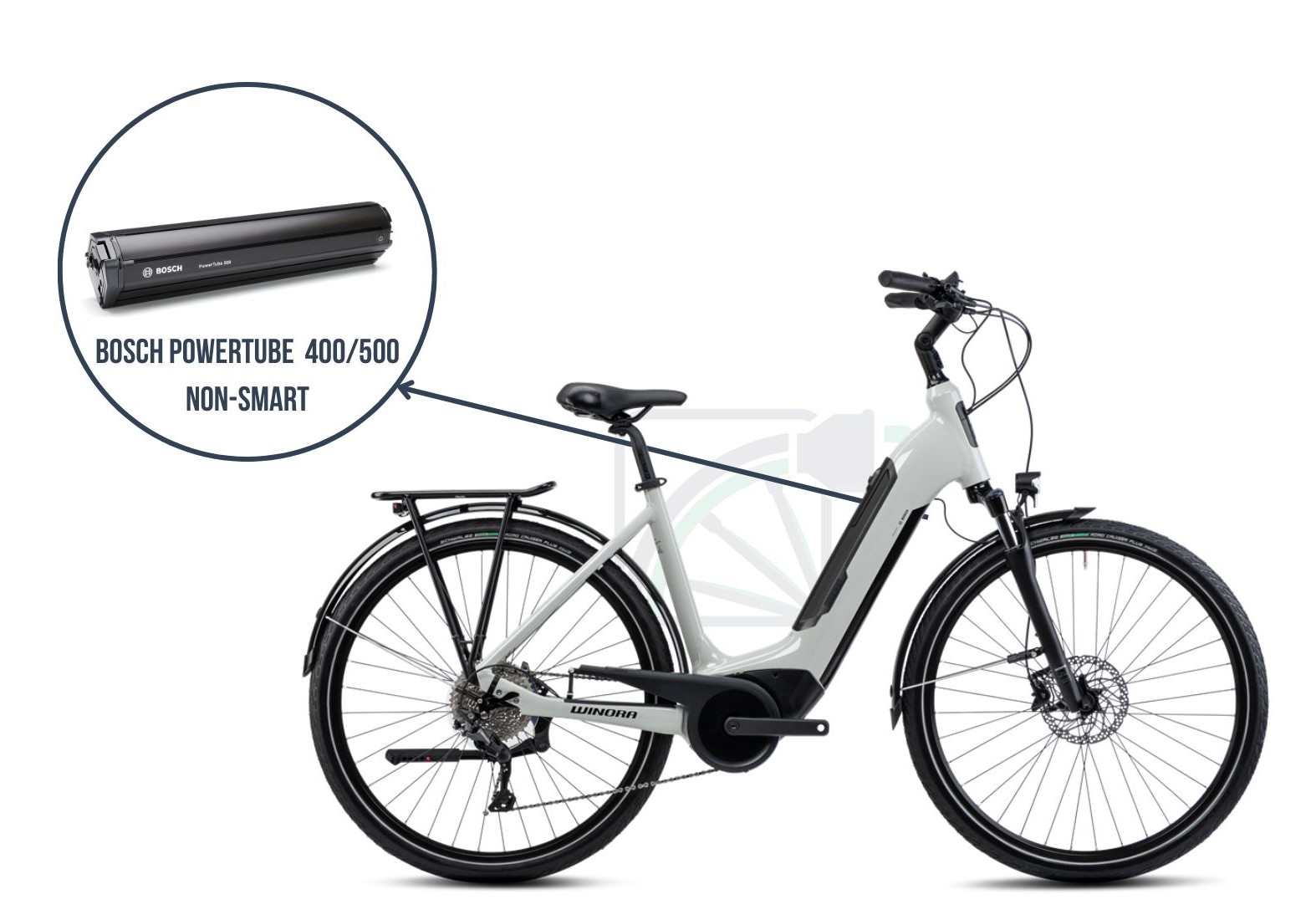 In diesem Bild wird das Winora Sinus Tria 10 dargestellt. Dabei wird der Akku hervorgehoben, der zu diesem Fahrrad gehört, nämlich der Bosch Powertube 400/500 non-SMART.
