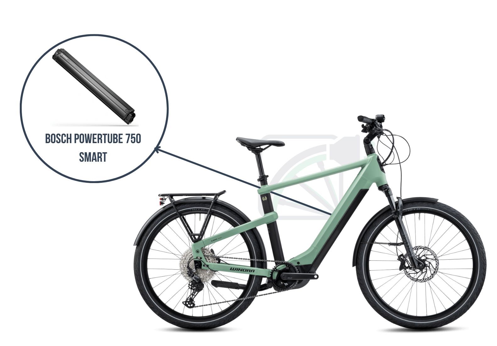 Das Winora Yakun 12, dabei wird hervorgehoben, welcher Akku zu diesem Fahrrad gehört, nämlich der Bosch PowerTube 750.