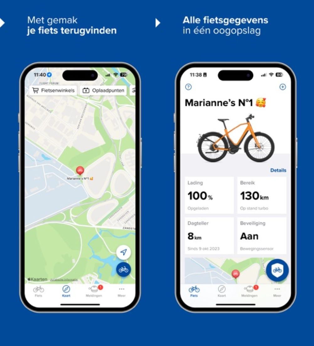 Dieses Bild zeigt ein Telefon, auf dem die Gazelle Connect App geöffnet ist. Im Hintergrund ist ein verblichenes Elektrofahrrad zu sehen.